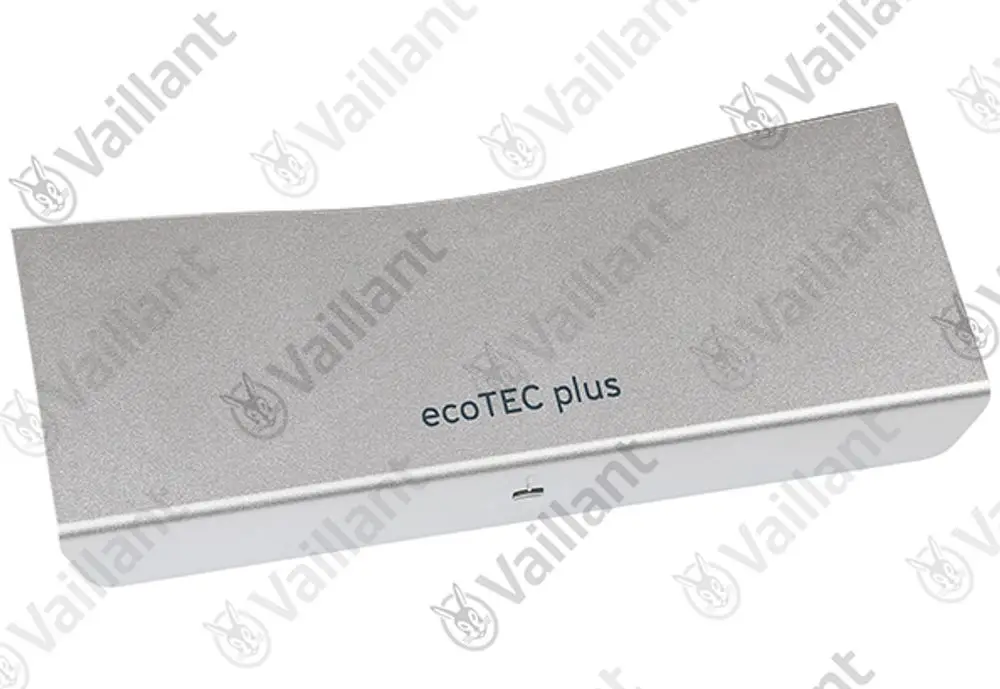 Vaillant Produkt in silberner Farbe mit der Aufschrift „ecoTEC plus“ auf der Oberseite, rechteckige Form und glatte Oberfläche.
